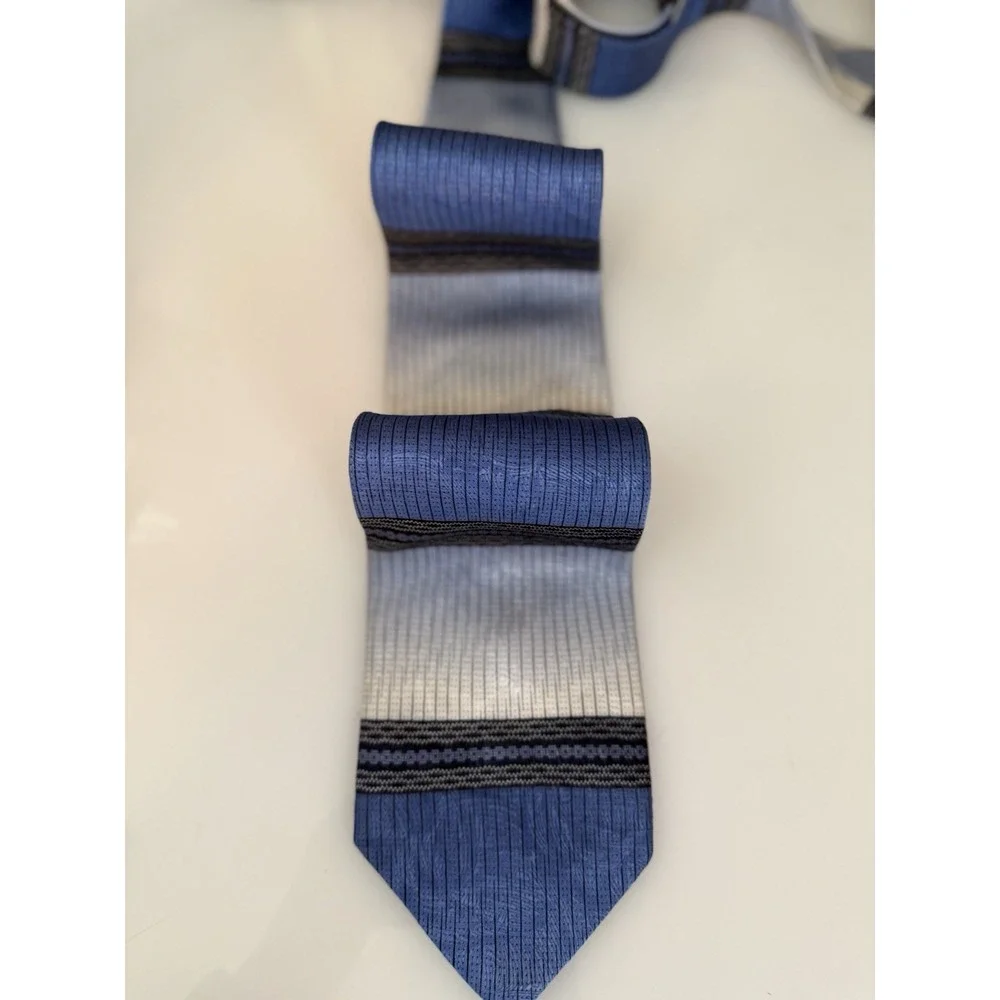 Steven Land 100% Silk Neck Tie Blue Gray‎ Black Striped Wide Handcrafted Korea